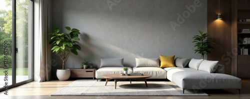 Sleek grey wall, modern living space with natural elements, living room, natural light, house