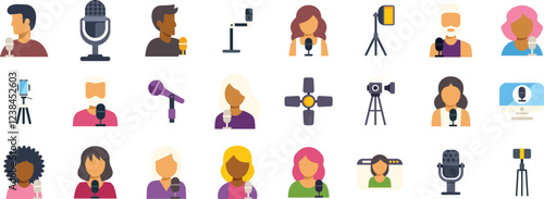 Diverse group of podcasters and presenters recording audio content using microphones, smartphones, and other professional equipment