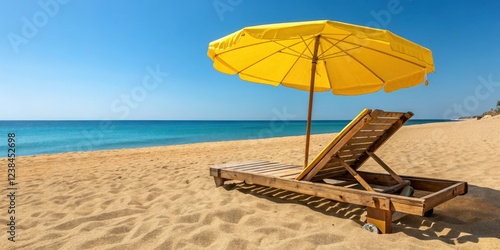 Fototapeta Naklejka Na Ścianę i Meble -  Sunny beach relaxation a wooden lounge chair awaits under a vibrant yellow umbrella, overlooking the tranquil ocean
