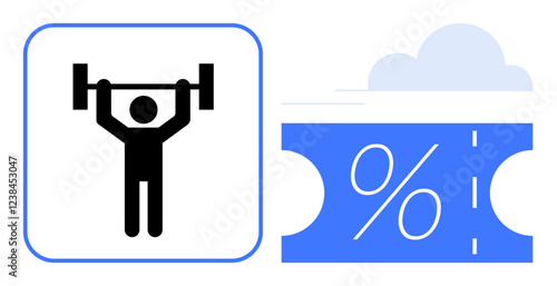 Person lifting a barbell inside a bordered square next to a discount coupon featuring a percentage sign and cloud. Ideal for fitness centers, promotions, workout routines, discounts, health apps