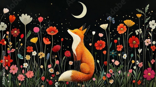   Fox in Flower Field under Moonlight