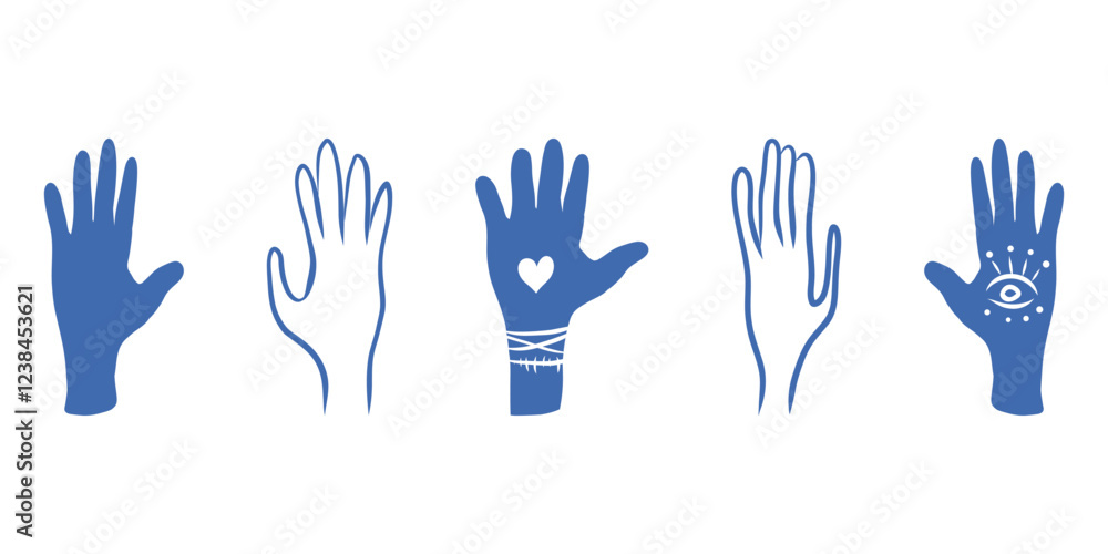Fototapeta premium Blue magical hands set. Heart and eye. Esoteric and mystical design elements