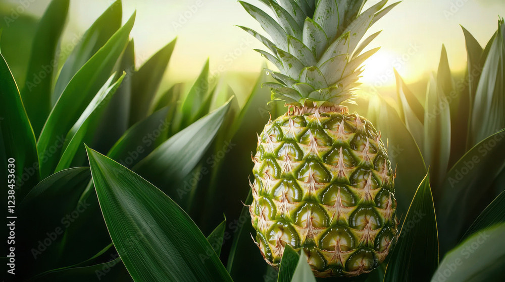 Fototapeta premium Fresh pineapple surrounded by lush green leaves in a vibrant natural setting.