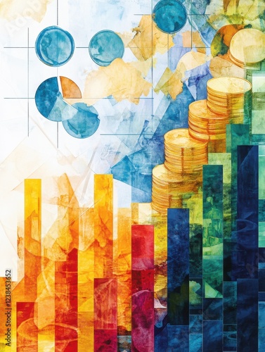 A comparison of financial growth across multiple industries, with charts displaying the rise and fall of different sectors over a specific period, watercolor style photo