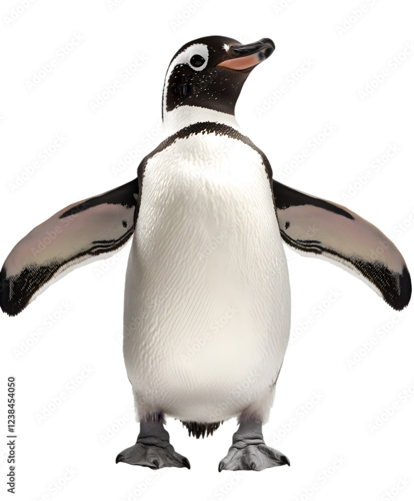 A small penguin, standing tall with its wings held at its sides. Transparent background
A small penguin, standing tall with its wings held at its sides. Transparent background