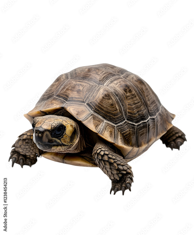 Obraz premium A small turtle with a patterned shell, resting comfortably on a white surface. Transparent background