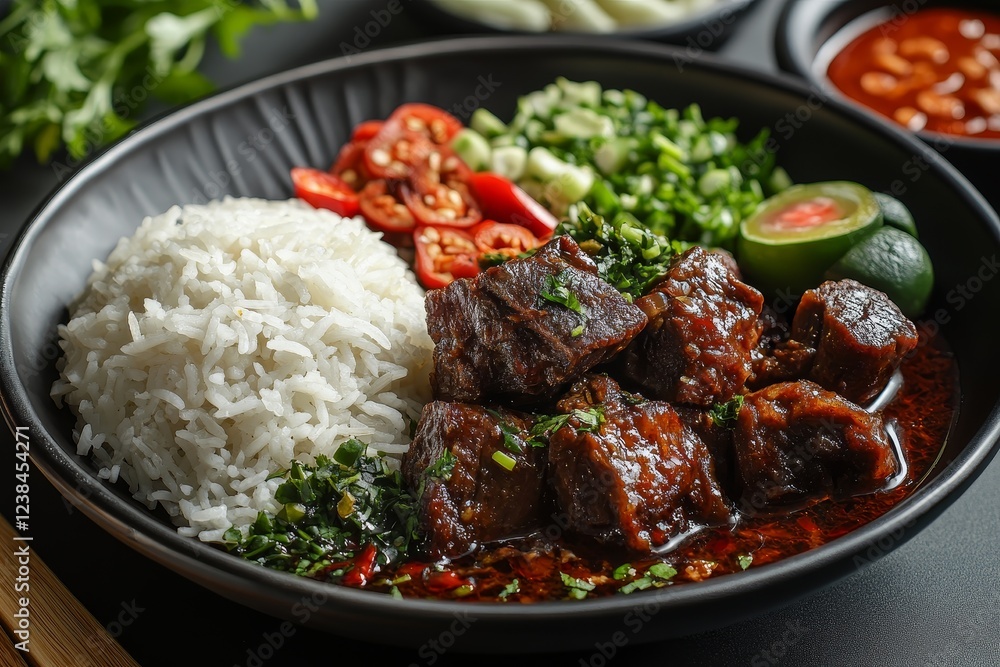 Fototapeta premium Spicy beef stew with rice, herbs, delicious meal