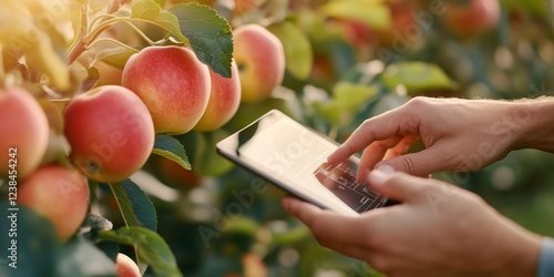 Close up of farmer's hands using a tablet in an apple orchard, analyzing data and implementing smart farming techniques for efficient orchard management and improved apple production