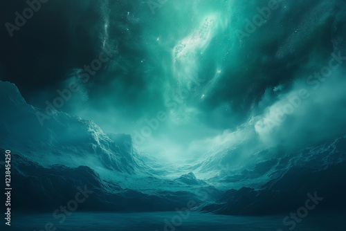 Ethereal Science Fiction Landscape with Luminous Green Sky and Alien Horizon