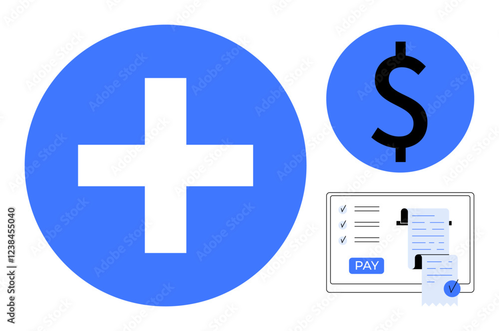 Obraz premium Medical cross, dollar sign, and digital invoice screen with pay button. Ideal for healthcare costs, medical billing, financial planning, online payments, insurance, financial literacy budgeting