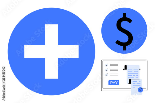 Medical cross, dollar sign, and digital invoice screen with pay button. Ideal for healthcare costs, medical billing, financial planning, online payments, insurance, financial literacy budgeting