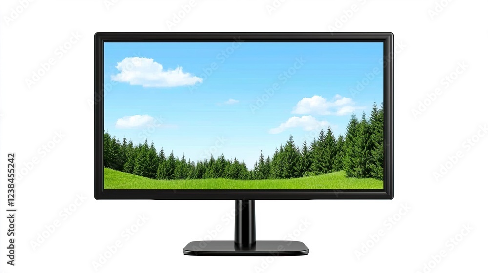 Modern Computer Monitor Displaying Tranquil Nature Landscape Scene Modern Computer Monitor Displaying Tranquil Nature Landscape Scene