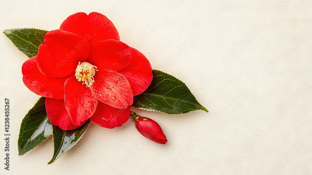 A macro shot of a vibrant red blossom resting atop a clean canvas with water droplets adorning its velvety petals A macro shot of a vibrant red blossom resting atop a clean canvas with water droplets adorning its velvety petals
