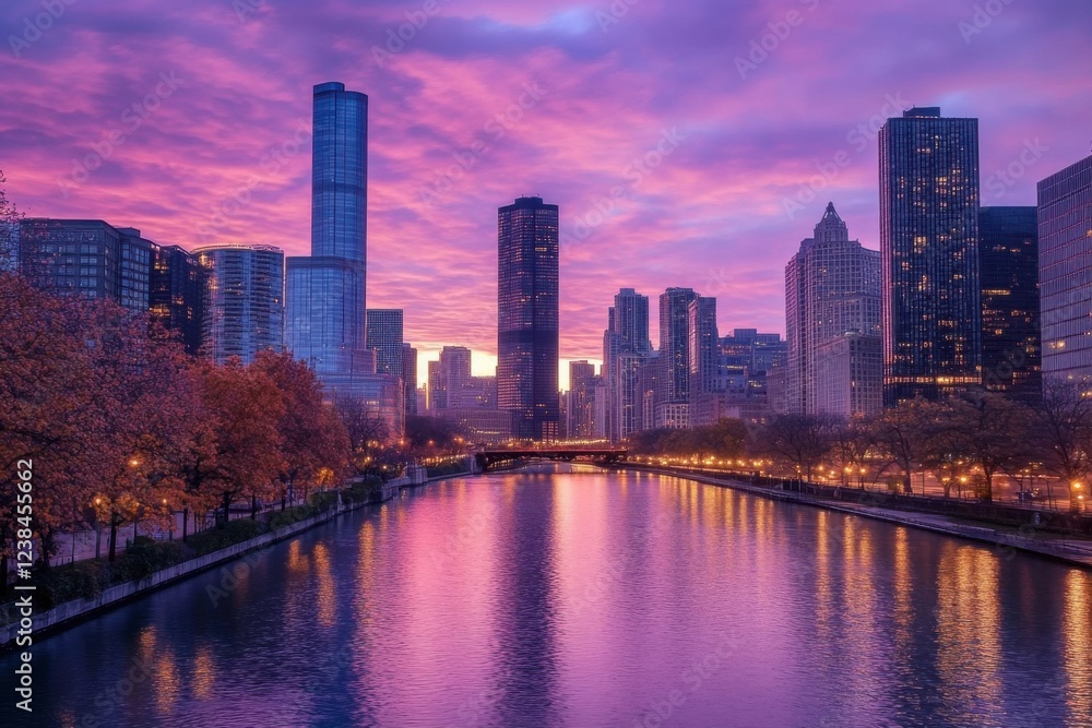 Naklejka premium Serene Urban Skyline at Dawn with Pastel Skies