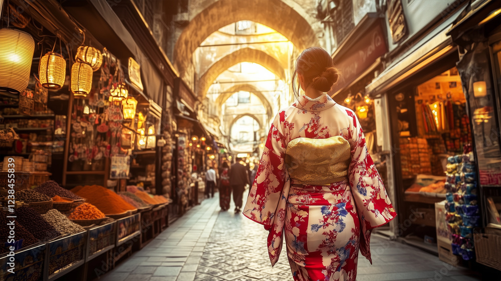 Obraz premium イスタンブールのグランドバザールで異文化を楽しむ着物女性