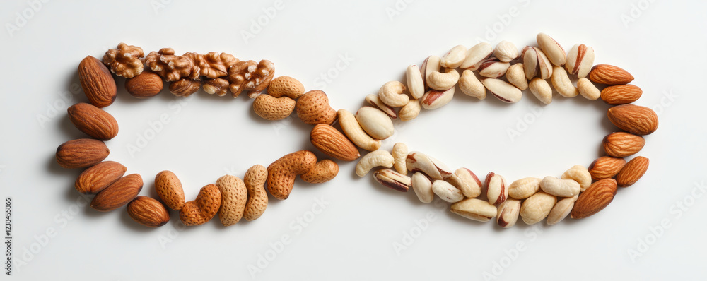 creative composition of mixed nuts forming infinity symbol, showcasing variety of textures and colors. This arrangement highlights beauty and diversity of nuts creative composition of mixed nuts forming infinity symbol, showcasing variety of textures and colors. This arrangement highlights beauty and diversity of nuts