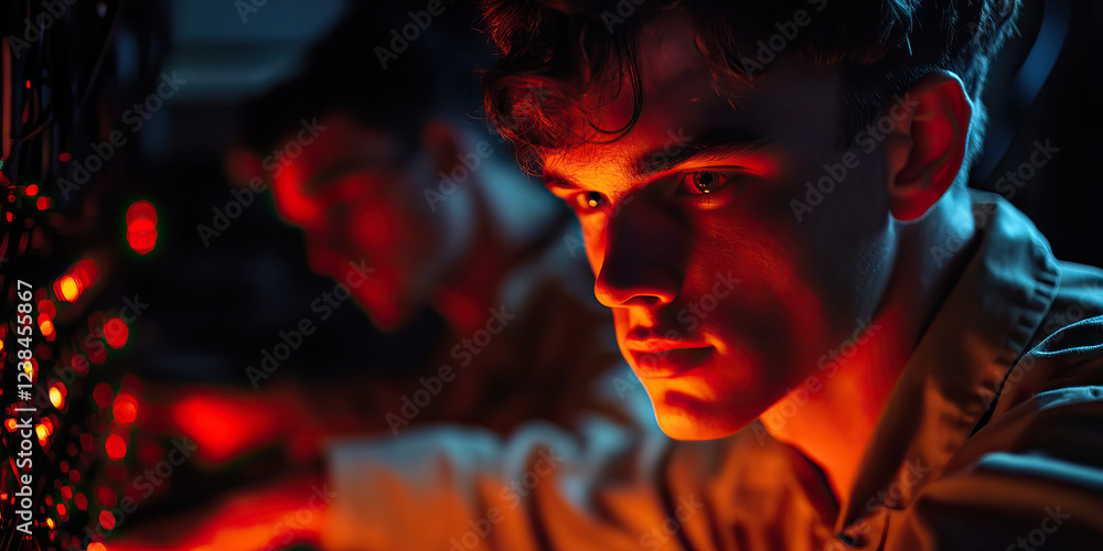 Close-up Portrait of Young Man with Red Lighting and Blurred Background Close-up Portrait of Young Man with Red Lighting and Blurred Background