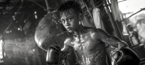 Little Thai Sweaty Warrior: Gloves, Intense Gaze. A young boxer's determination shines as he faces the camera from the ring, sweat glistening on his gloves. Active sporty kids hard work concept. photo