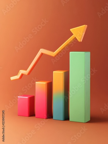 3D bar chart with upward arrow, illustrating growth, business success, positive trend, and increase in data visualization. photo