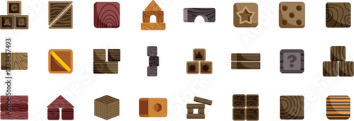 Collection of wooden building blocks featuring letters, shapes, and textures, ideal for educational activities and imaginative play