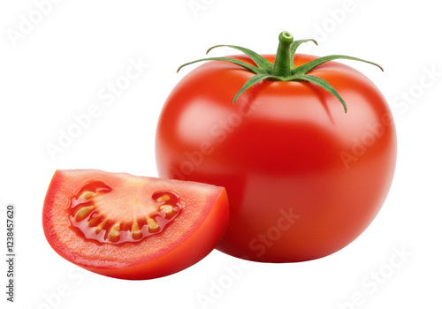 A whole fresh red tomato with a green stem, placed next to a thick slice of tomato, front view, isolated on white background