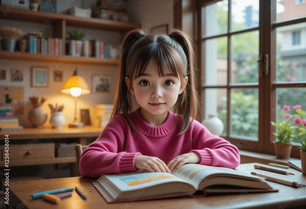 The Little Girl Reading a Book in a Cozy Room The Little Girl Reading a Book in a Cozy Room