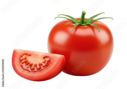 A whole fresh red tomato with a green stem, placed next to a thick slice of tomato, front view, isolated on white background