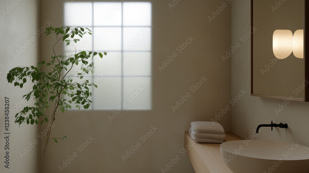 Fototapeta premium A bathroom with a window and a plant. The bathroom is clean and well-lit. The plant adds a touch of nature to the space, making it feel more inviting and relaxing