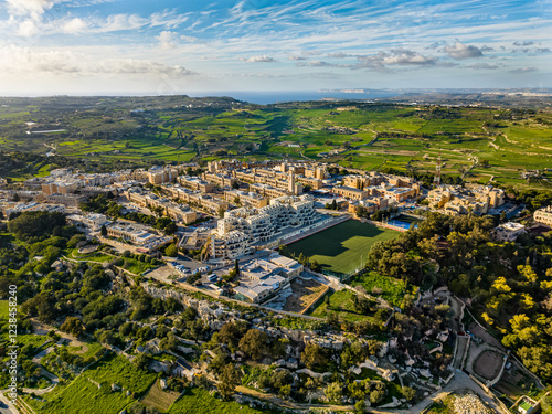 Drone aerial view of Malta island. Green hills, countryside, landscape nature