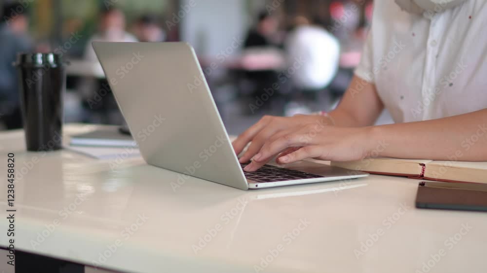 A university student in a white uniform sits at an outdoor study area, using a laptop with a coffee cup beside her, looking focused. A university student in a white uniform sits at an outdoor study area, using a laptop with a coffee cup beside her, looking focused.