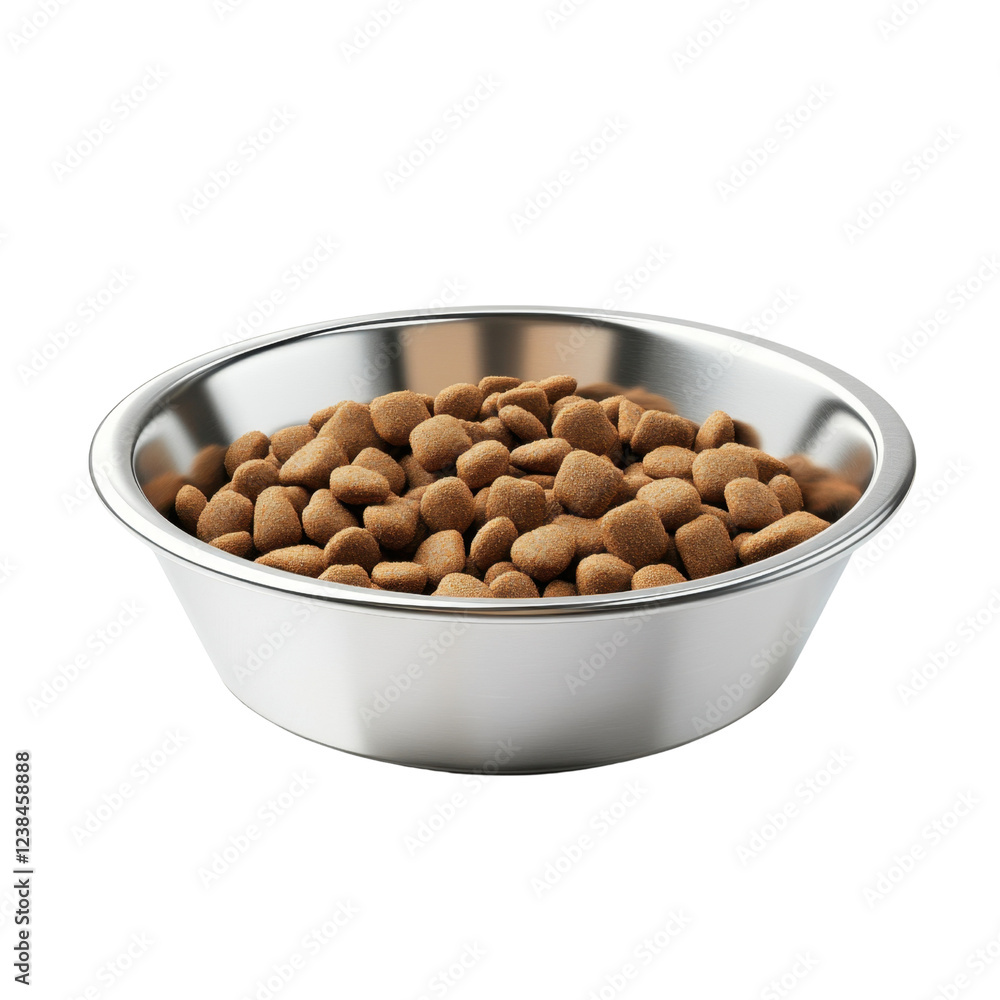 Silver Bowl Filled with Brown Pet Food Kibble on White Background Silver Bowl Filled with Brown Pet Food Kibble on White Background