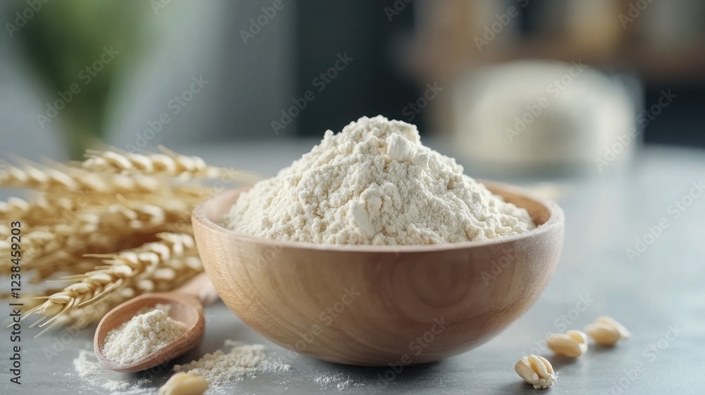 Fresh wheat flour in a bowl with a scoop and ears of wheat, isolated on a transparent or white background. Fresh wheat flour in a bowl with a scoop and ears of wheat, isolated on a transparent or white background.
