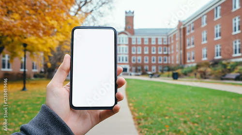 Person holding a smartphone. Hand holding a blank screen phone in front of the student campus background, mock up