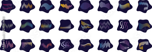 Set of colorful audio waves vibrating on dark backgrounds, representing sound frequencies and musical patterns
