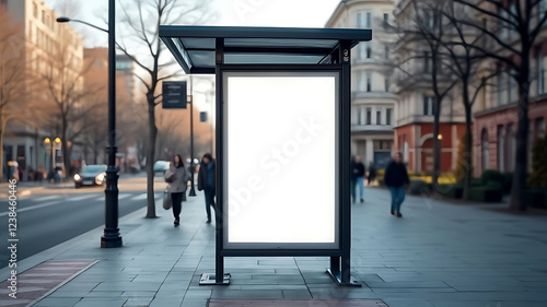 Realistic empty outdoor advertising billboard mockup, Featuring a modern bus shelter with prime marketing banner space in the heart of the city