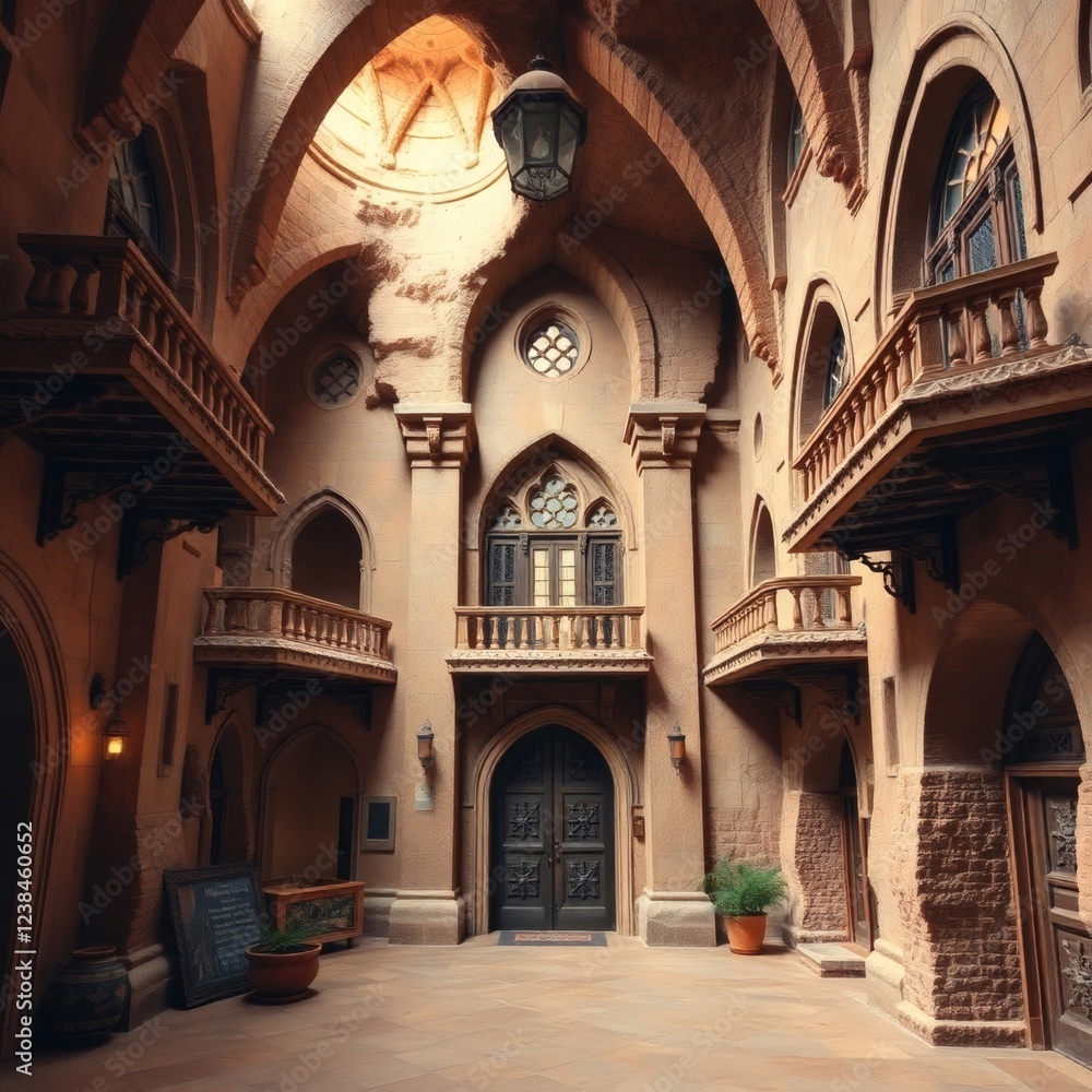 Architectural beauty of an ancient courtyard featuring intricate stonework and arched windows in a historic building Architectural beauty of an ancient courtyard featuring intricate stonework and arched windows in a historic building
