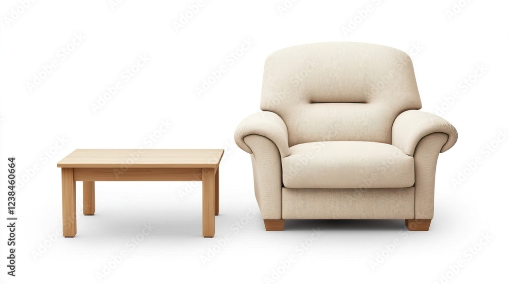 Cozy beige armchair and wooden coffee table in minimalist setting Cozy beige armchair and wooden coffee table in minimalist setting