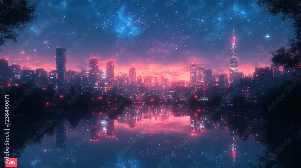 Fototapeta premium A futuristic cityscape glowing with neon lights in shades of pink, blue, and purple under a starry sky.