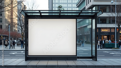 Realistic empty outdoor advertising billboard mockup, Featuring a modern bus shelter with prime marketing banner space in the heart of the city