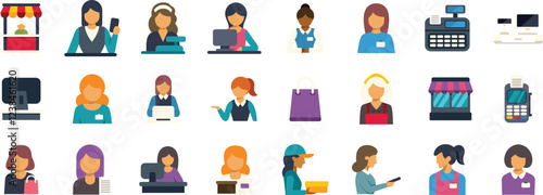 Collection of diverse female retail professionals providing services, using technology, and assisting shoppers