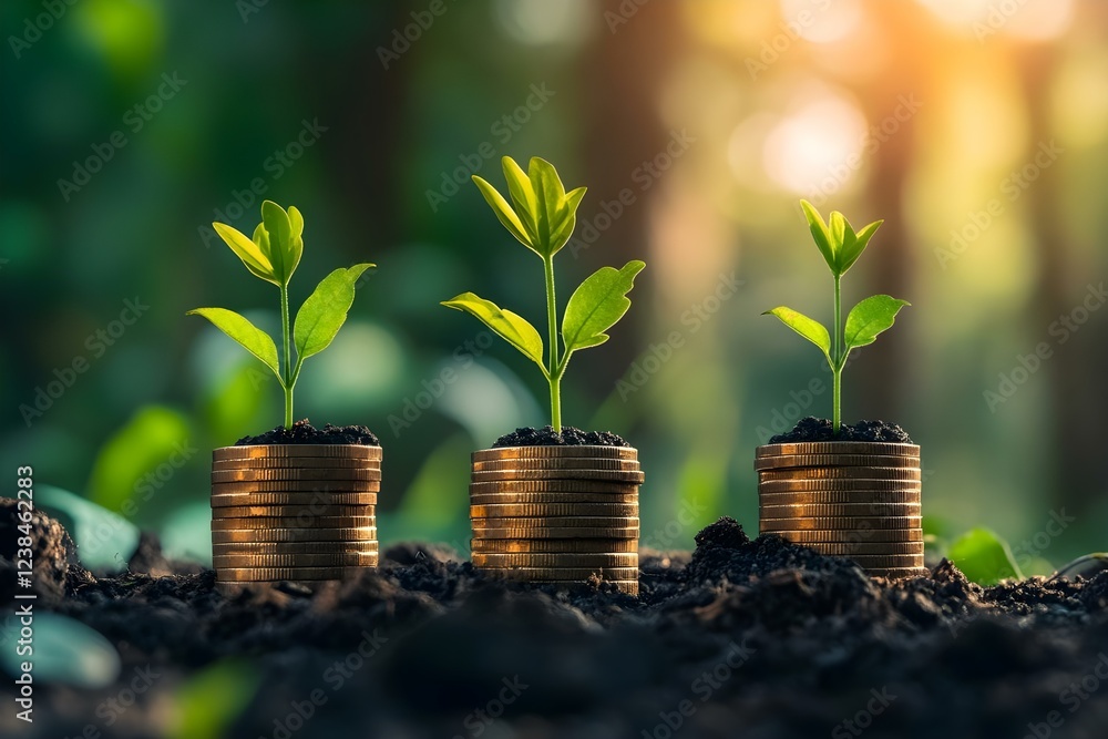 Fototapeta premium Three stacks of coins with small plants growing from the soil, symbolizing financial growth and investment in nature. Concept Coins and Plants, Financial Growth, Nature Investment
