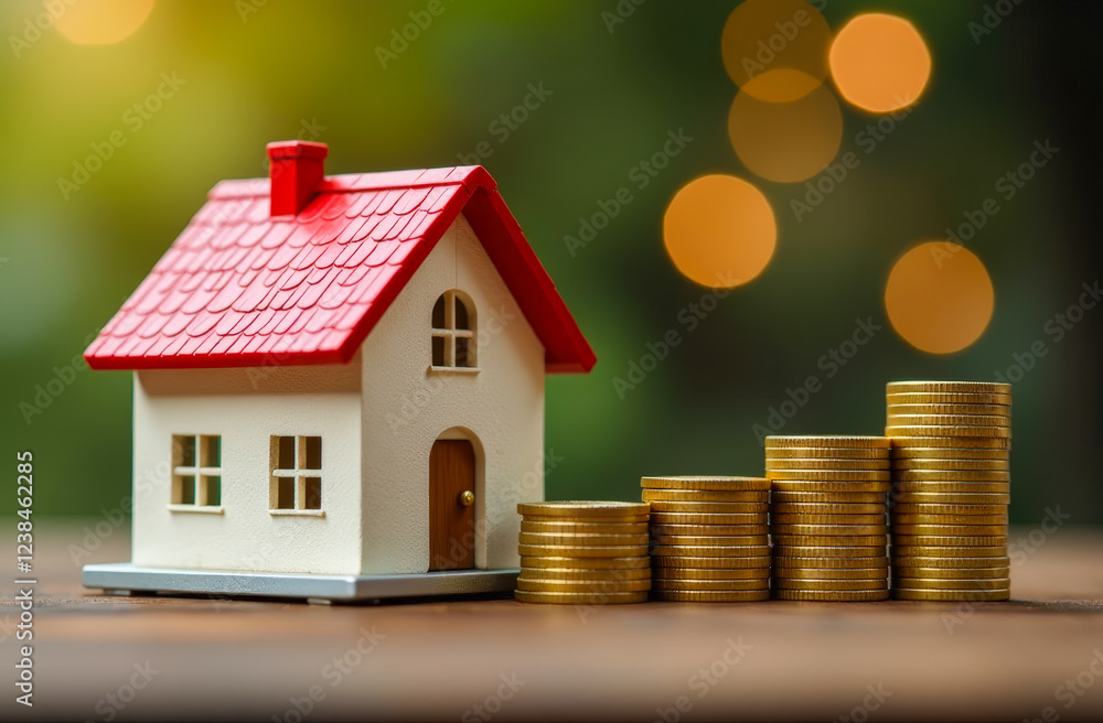 Model House With a red Roof and gold coins against a blurred background with bokeh lights Model House With a red Roof and gold coins against a blurred background with bokeh lights