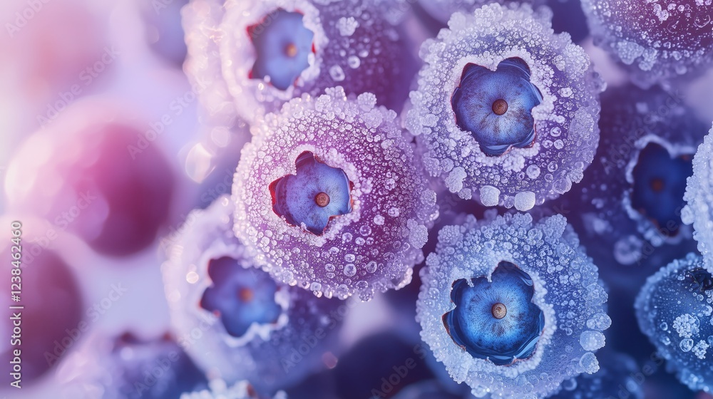 Close-Up of Frozen Blueberries With Frosty Crystalline Texture, Shades of Blue and Purple, White Frost Crystals, Cold and Fresh Smooth Berry Surfaces with Gentle Gradient Close-Up of Frozen Blueberries With Frosty Crystalline Texture, Shades of Blue and Purple, White Frost Crystals, Cold and Fresh Smooth Berry Surfaces with Gentle Gradient