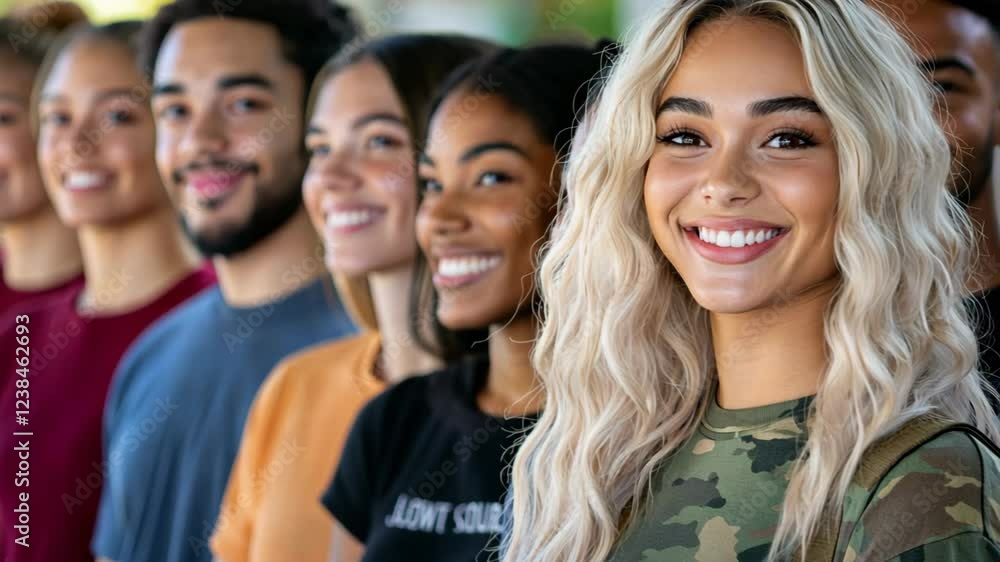 youthful people different race smiling standing together youthful people different race smiling standing together