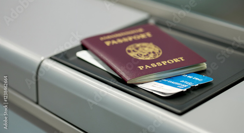 Biometric passport and boarding passes are lying on the check in counter at the airport, ready for travel photo