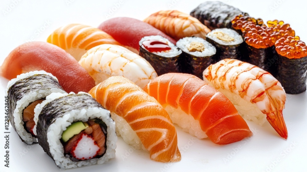 A stunning array of sushi pieces is beautifully arranged on a white plate, revealing fresh fish, colorful toppings, and creative presentations, perfect for any sushi lover to indulge in A stunning array of sushi pieces is beautifully arranged on a white plate, revealing fresh fish, colorful toppings, and creative presentations, perfect for any sushi lover to indulge in