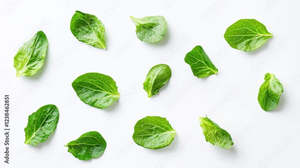 Fresh green leaves arranged on white background for healthy food recipe Fresh green leaves arranged on white background for healthy food recipe