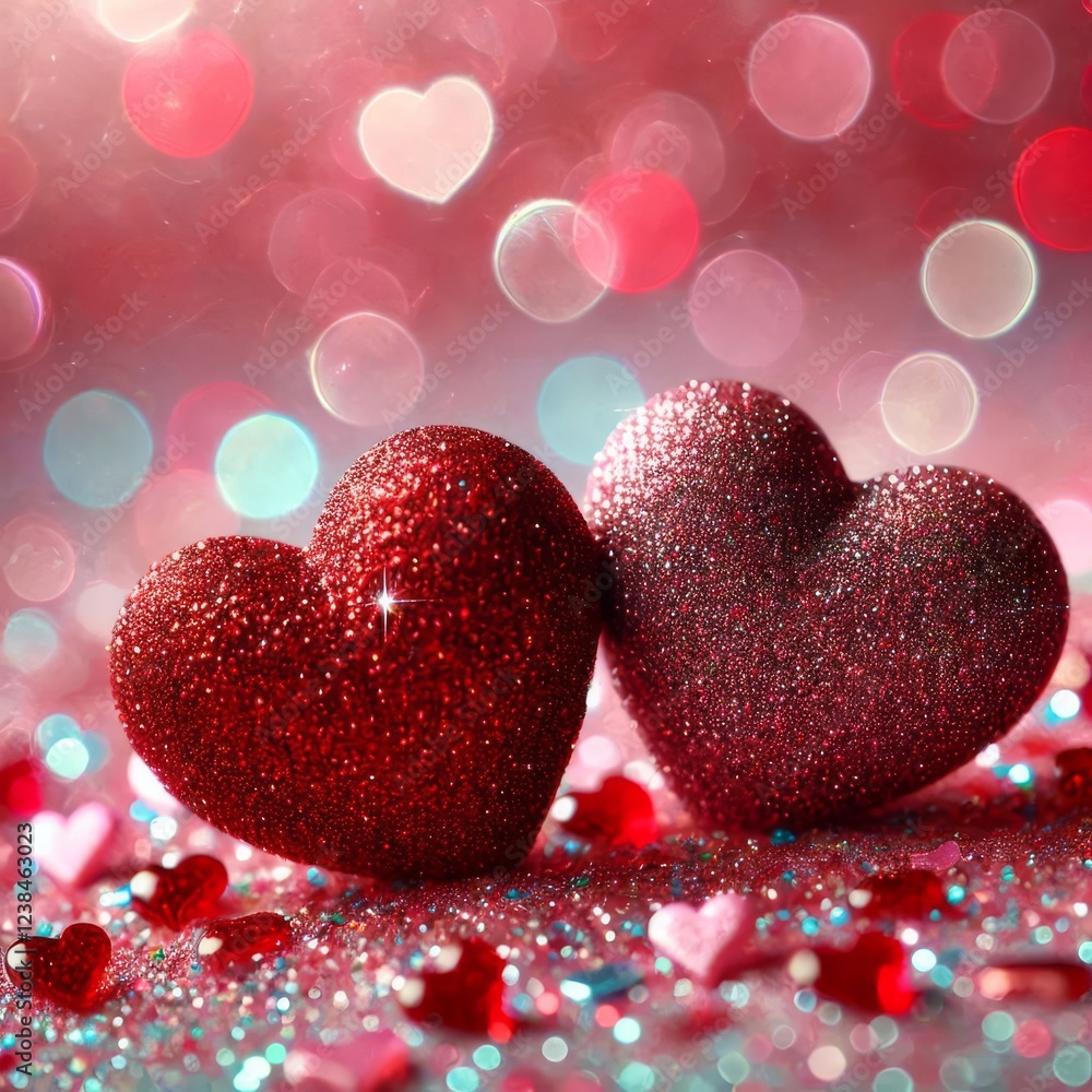 Obraz premium Two glittering red hearts rest on a bed of sparkling pink and red glitter. 
