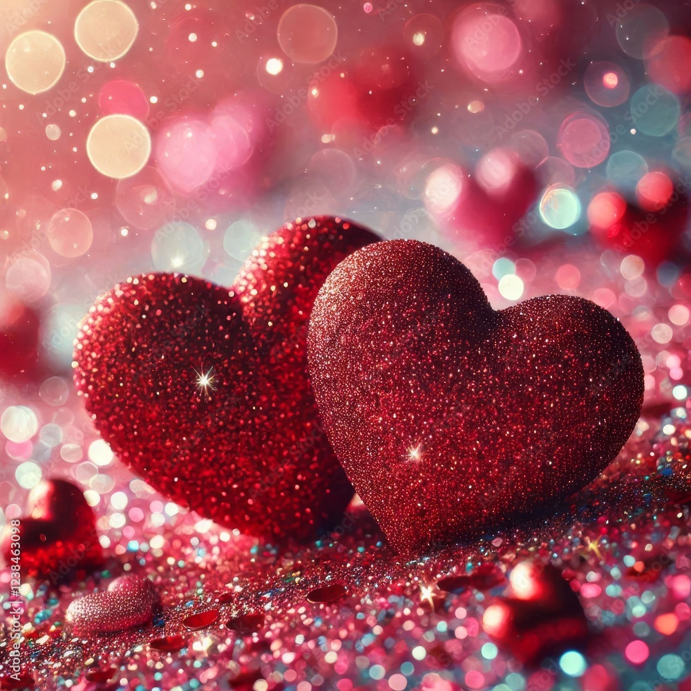 Fototapeta premium Two glittering red hearts rest on a bed of sparkling pink and red glitter. 