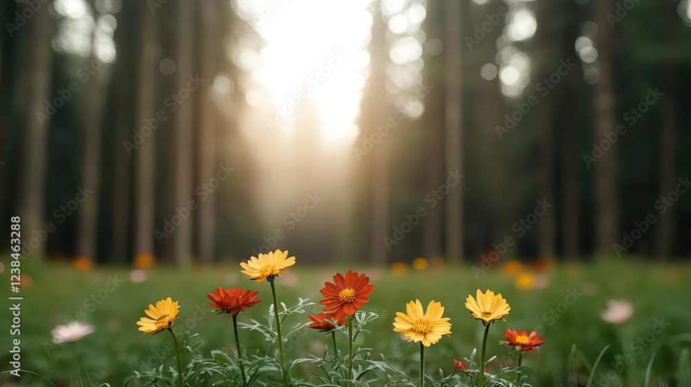 Obraz premium Misty forest nature idea. Vibrant flowers blooming in a sunlit forest, showcasing nature's beauty and tranquility.